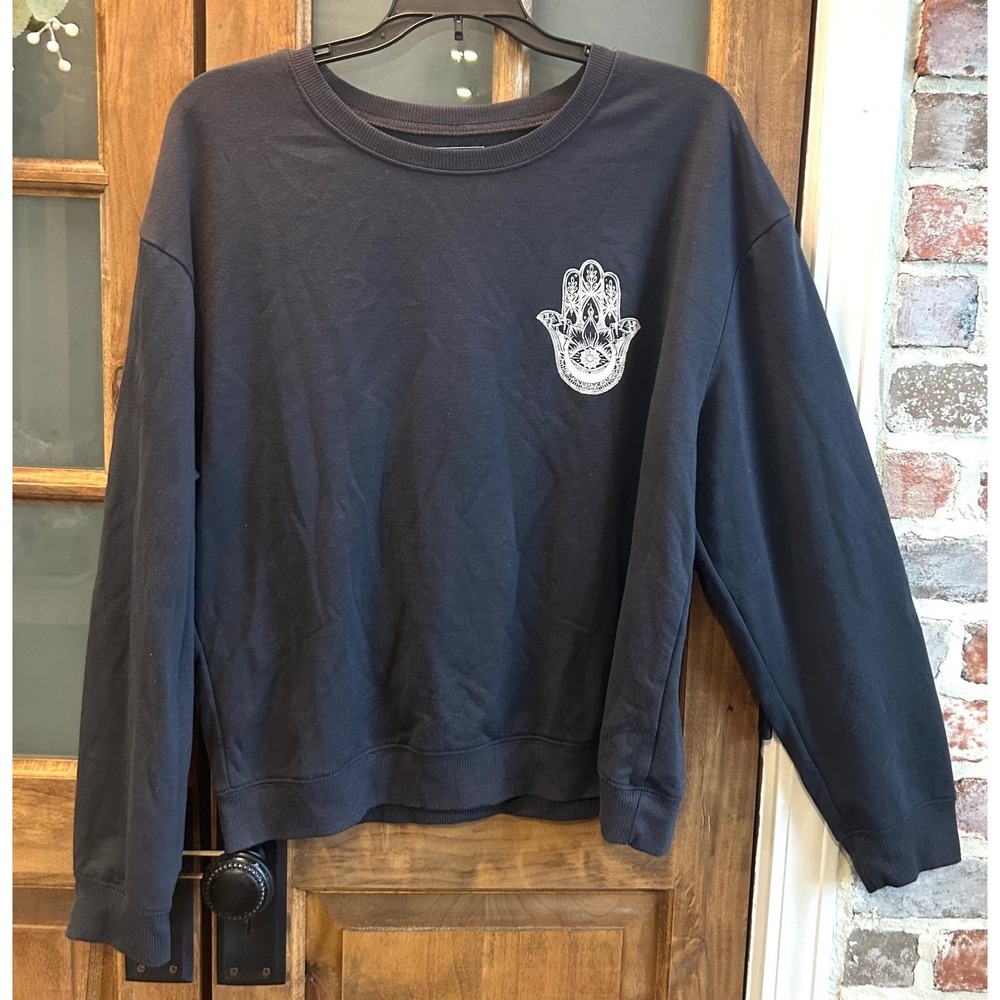 Miken Flow Sweatshirt Womens L Black Hamsa Tell Your‎ Story Graphic Boho